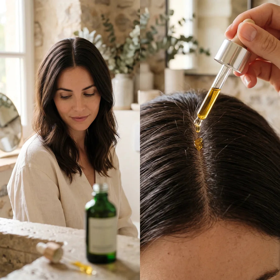 Dropper placing oil along a hair part