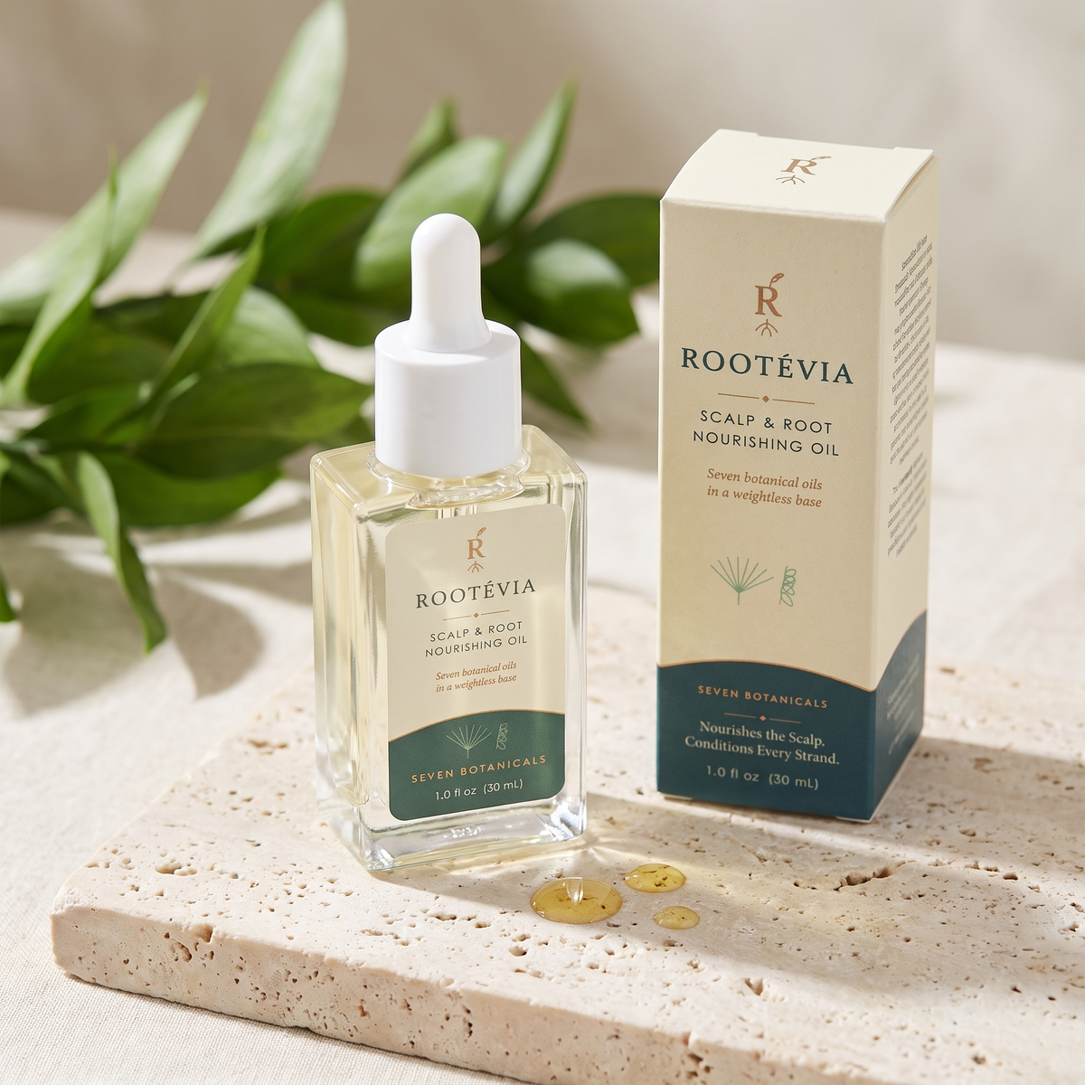 ROOTÉVIA 30 mL clear rectangular bottle with a white dropper, beside its carton