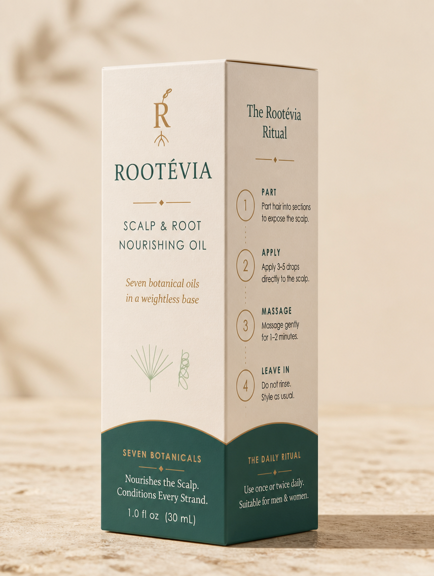 Rootévia packaging panel with the scalp oil ritual