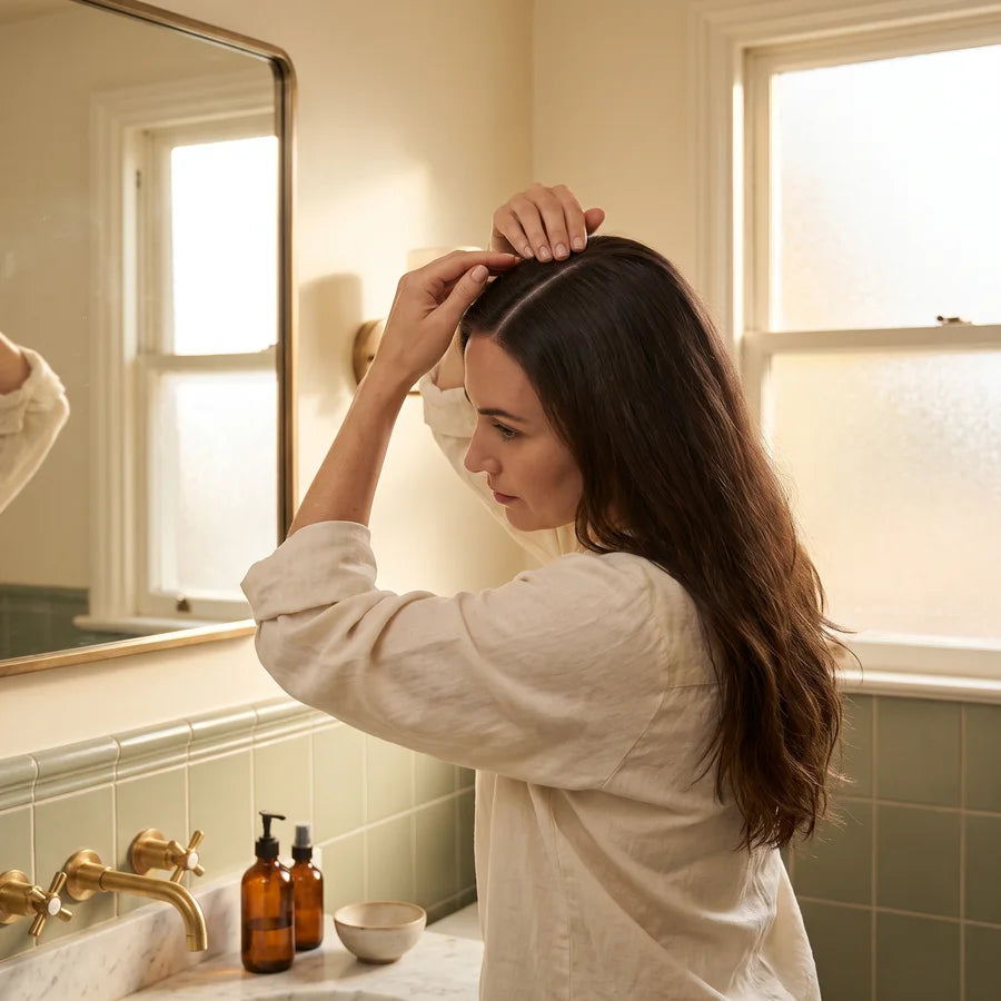Hair parted to expose the scalp