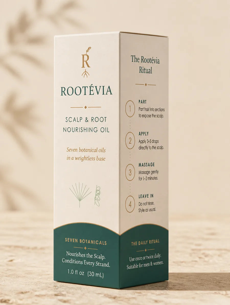 Rootevia packaging panel showing the scalp oil ritual
