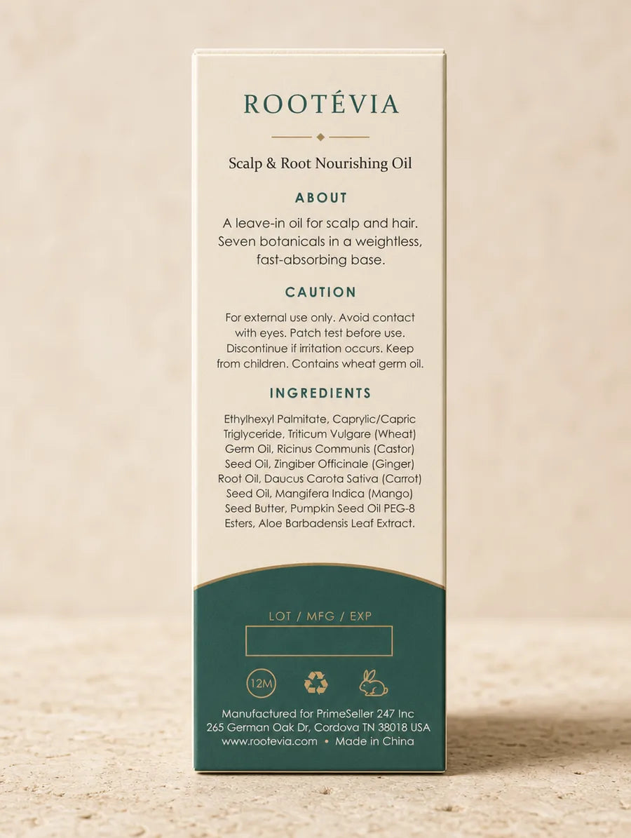 Back panel of the Rootevia box listing all nine ingredients